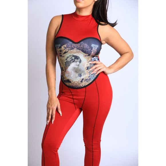 Womens Portrait Printed Faux Corset Jumpsuit Dress Back Zip Sleeveless Mock Neck - Picture 5 of 6